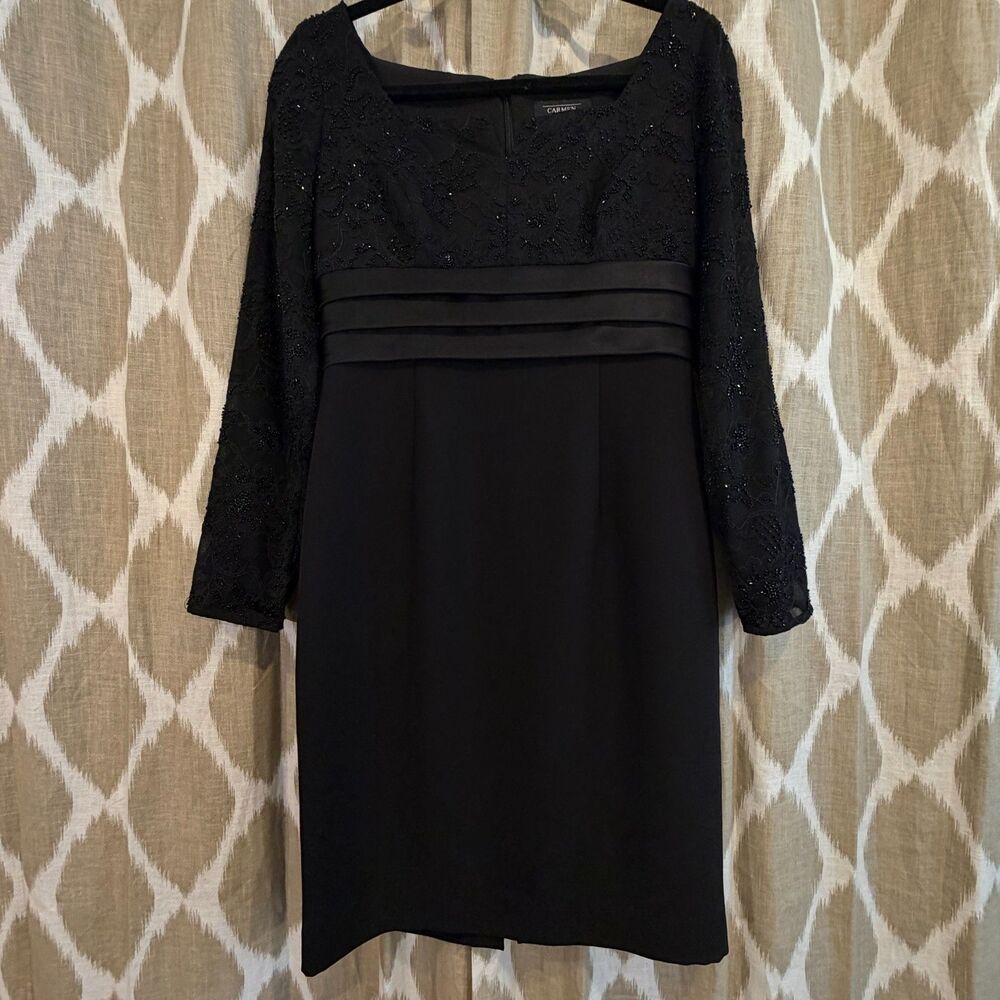 Carmen Marc Valvo Petite Black Beaded Lace Cocktail Dress Sheath 3/4 Sleeve